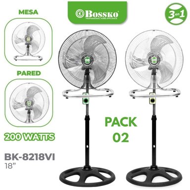 PACK 02 UNIDADES VENTILADOR BOSSKO BK 8218 200 WATTS, 3 EN 1 PEDESTAL, MESA Y PARED