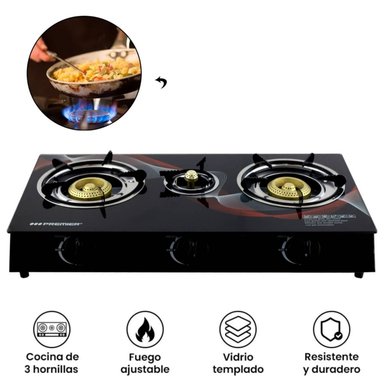 COCINA A GAS 3 HORNILLAS VIDRIO TEMPLADO