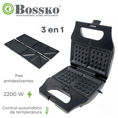 SANDWICHERA BOSSKO INTERCAMBIABLES PARA WAFFLES Y GRILL  3 EN 1 NEGRO