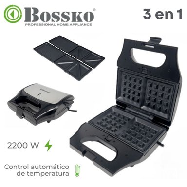 WAFFLES BOSSKO INTERCAMBIABLES PARA SANDWICHERA Y GRILL  3 EN 1 NEGRO