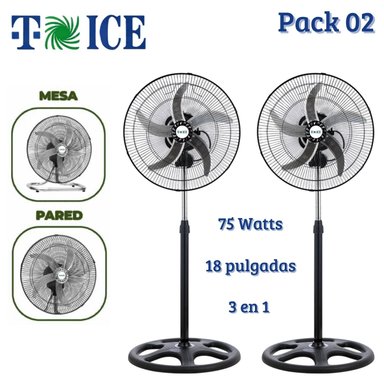 PACK 02 VENTILADORES T-ICE 75 WATTS, 3 EN 1 PEDESTAL, MESA Y PARED