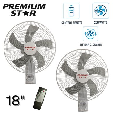 PACK 02 VENTILADORES DE PARED CON CONTROL REMOTO PREMIUM STAR 18 PULG  BLANCO 200 W