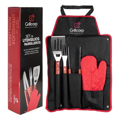 SET ACCESORIOS PARRILLA GRILLCORP 2017222 ACERO UTENSILIOS PARRILLEROS 5 PIEZAS