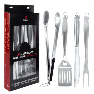 SET ACCESORIOS PARRILLA GRILLCORP 2017239 ACERO UTENSILIOS PARRILLEROS INOXIDABLES