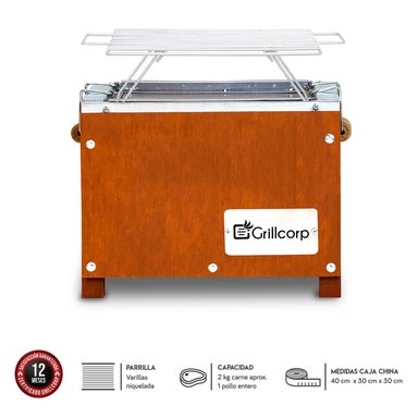 GRILLCORP CAJA CHINA MINI GALVANIZADA CAOBA + PARRILLA DE VARILLAS NIQUELADAS 40X30X30