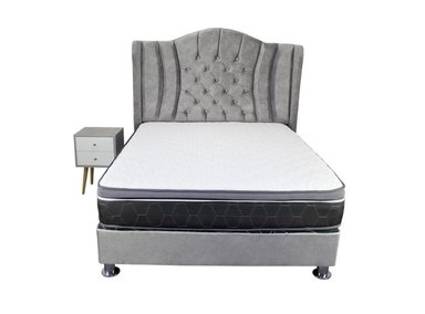 DORMITORIO COLCHONES PEREZOSO MONARCA QUEEN + CABECERA + VELADOR + 3 ALMOHADAS