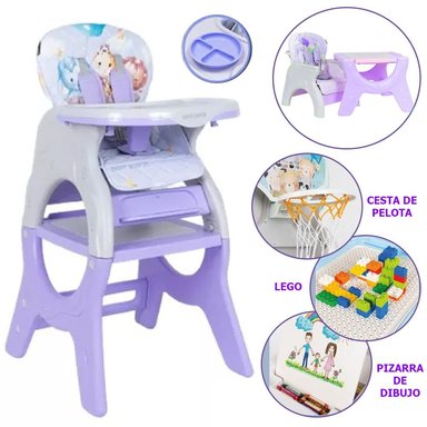 SILLA COMER BABY HAPPY DONNA MORADO 6 EN 1 CESTA PLATO LEGO Y PIZARRA