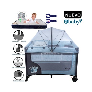 CUNA CORRAL EBABY HAPPY DREAM CELESTE CON CAMBIADOR + COLCHON AZUL