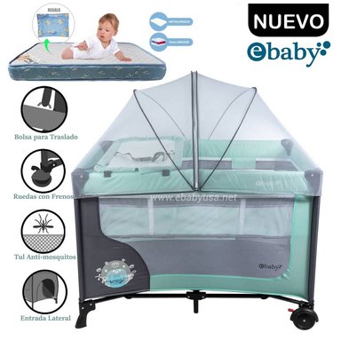 CUNA CORRAL EBABY HAPPY DREAM VERDE CON CAMBIADOR +COLCHÓN CELESTE