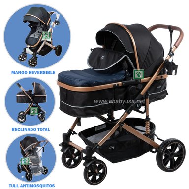 COCHE MOISES PARA BEBE BIGI CON MANGO REVERSIBLE AZUL