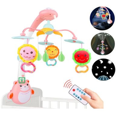 MOVIL PARA CUNA CON PROYECTOR LUCES Y CONTROL ROSADO