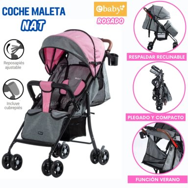 COCHE DE PASEO NAT MALETA CON CUBRE PIES PLEGABLE ROSADO