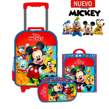 SET DE MOCHILA CON RUEDAS EXTRA OFICIO LONCHERA Y CARTUCHERA MICKEY