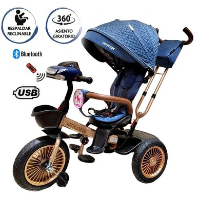 TRICICLO VOYAGE ASIENTO GIRATORIO GOLDEN CON TELA UV AZUL - 1