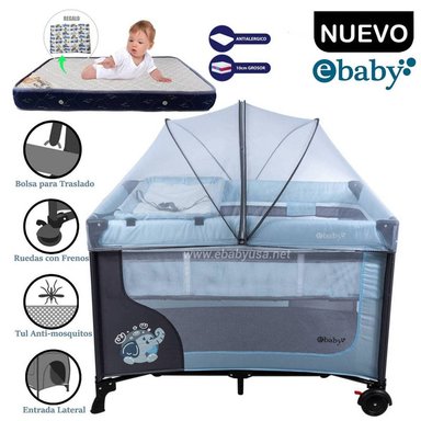 CUNA CORRAL EBABY HAPPY DREAM CELESTE CON CAMBIADOR + COLCHÓN