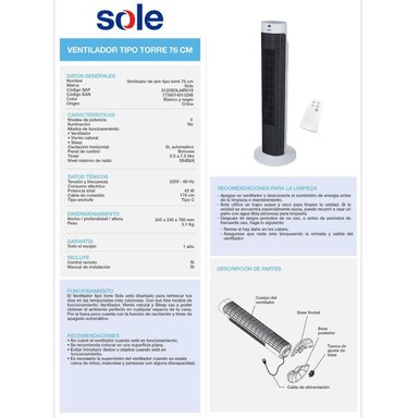 VENTILADOR AIRE TORRE SOLE SOLAIR019 45 W TIPO 76CM BLANCO - 5