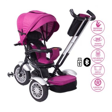 TRICICLO EBABY ZOE ROSADO GUIADOR USB 360