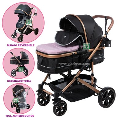 NUEVO COCHE MOISES PARA BEBE BIGI CON MANGO REVERSIBLE ROSADO