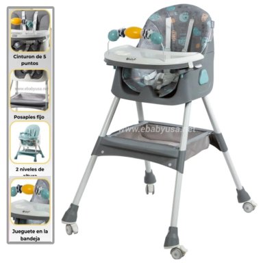 SILLA DE COMER EBABY PLEGABLE DOBLE BANDEJA LULU GRIS CON RUEDAS