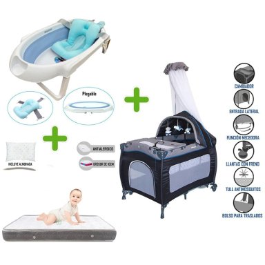 CUNA CORRAL SALLY 716 + COLCHÓN DE 4' GRIS + BAÑERA CELESTE