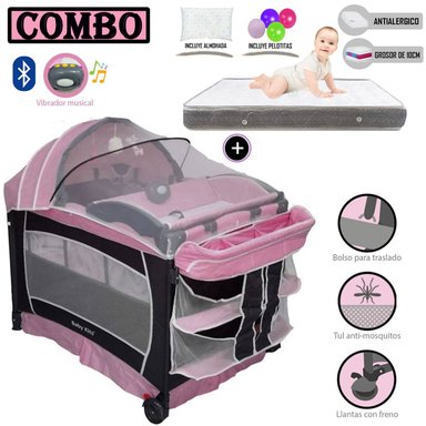 CUNA CORRAL BABY KITS VERONA ROSADO+ COLCHÓN 4 ' GRIS