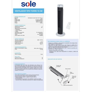 VENTILADOR DE AIRE SOLE TIPO TORRE SOLE 76CM SOLAIR019 BLANCO - 5