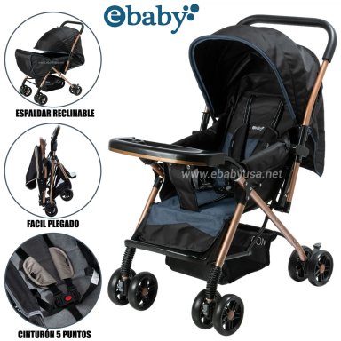 COCHE CUNA DE LUJO «BON» RECLINABLE AZUL-NEGRO