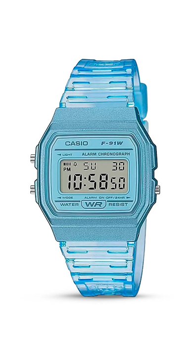RELOJ CASIO MUJER DIGITAL TRANSPARENTE AZUL F91WS-2