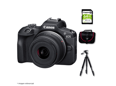 CÁMARA CANON MIRRORLESS EOS R100 24.1MPX + LENTE RF S 18-45MM F/4.5-6.3 IS STM + KIT DELUXE - 1