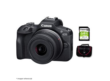 CÁMARA CANON MIRRORLESS EOS R100 24.1MPX + LENTE RF S 18-45MM F/4.5-6.3 IS STM + KIT BÁSICO - 1