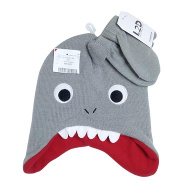 GORRO ALGODÓN MARVELOUS BEANIE-SHARK GRIS SET TIPO CHULLO Y GUANTES PARA NIÑO TIBURON