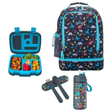SET BENTGO DINOSAURIO AZUL MOCHILA 2 EN 1 LONCHERA CUBIERTOS Y TOMATODO - 1