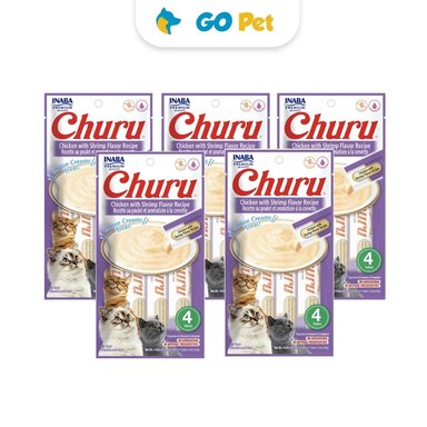 COMIDA HÚMEDA GATOS CHURU SABOR POLLO Y CAMARÓN SACHET 14 GR X 20 TUBOS PACK X5