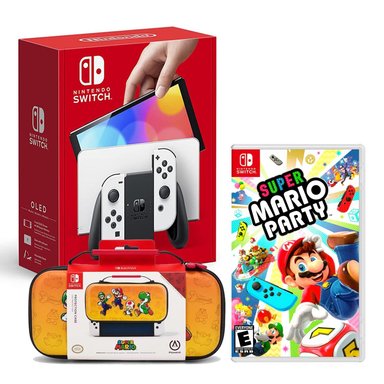 CONSOLA NINTENDO SWITCH MODELO OLED BLANCO + SUPER MARIO PARTY + ESTUCHE MARIO AND FRIENDS - 1
