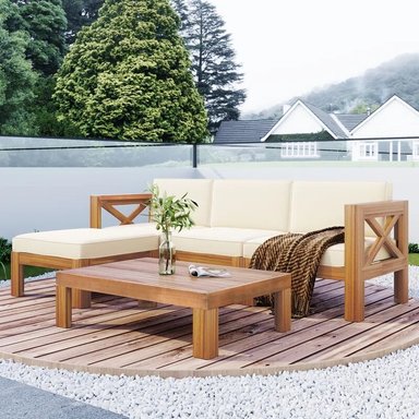 SET SOFA HOME PREMIUM HIMILCE CREMA + MESA CENTRO + BANQUETA TERRAZA JARDIN 3 CUERPOS