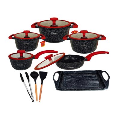 SET DE OLLAS SUPREMA CON PARRILLA GRILL ANTIADHERENTE NEGRO MÁS UTENSILIOS