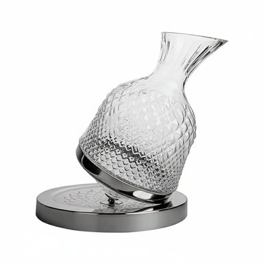 DECANTADOR DE VINO VIDRIO TRANSPARENTE CON BASE METÁLICA 25CM