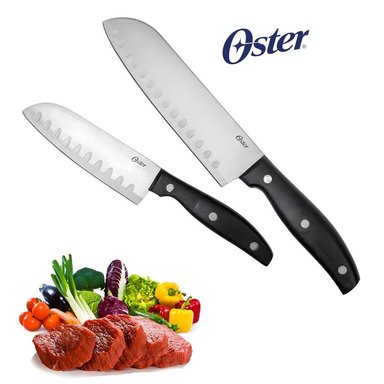 JUEGO DE CUCHILLOS OSTER SANTOKU 2 PIEZAS GRANGER ACERO INOXIDABLE, ACABADO SATINADO, MANGO DE BAQUELITA COLOR ACERO/NEGRO