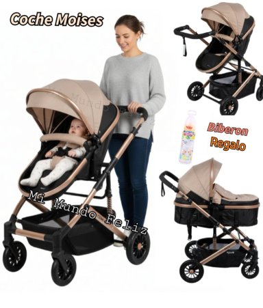 COCHE MOISÉS EBABY KONFORTS MULTICOLOR PARA BEBE LLANTAS CAUCHO DORADO BABY