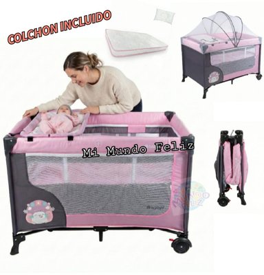 CUNA CORRAL PARA BEBE MOSQUITERO Y COLCHON PINK