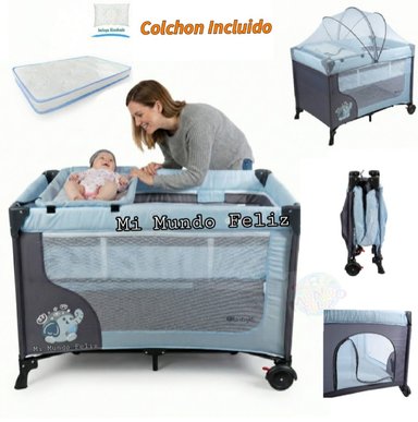 CUNA CORRAL PARA BEBE MOSQUITERO Y COLCHON SKYBLUE
