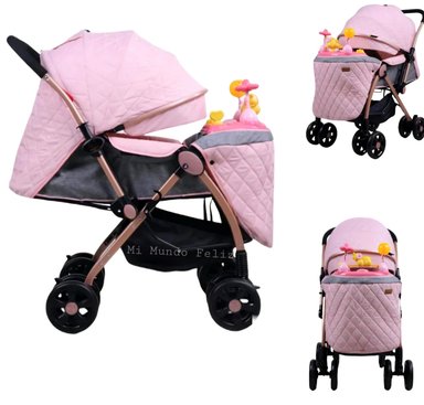 COCHE PARA BEBE SUPER ACOLCHADO CON BANDEJA MUSICAL PALO ROSA