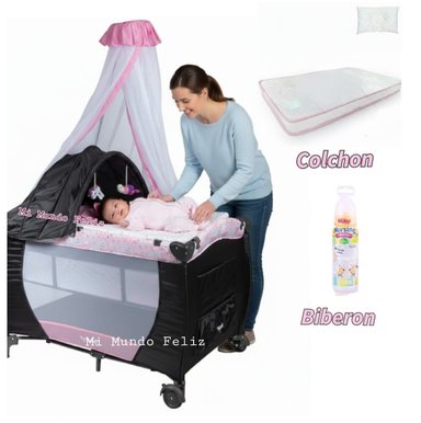 CUNA CORRAL PARA BEBE FUNCION MECEDOR PINK MAS COLCHON