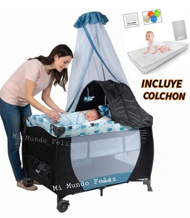 CUNA CORRAL PARA BEBE FUNCION MECEDOR CELESTE MAS COLCHON