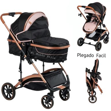 COCHE  MOISES PARA BEBE DORADO PLEGADO FACIL ROSA
