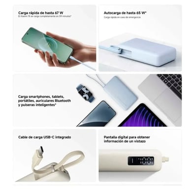 POWER BANK XIAOMI 67W BEIGE 10000MAH CARGA RÁPIDA CABLE INTEGRADO - 3