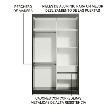 ROPERO MADESA 10972E TOKIO CORREDIZAS ESPEJO 2 PUERTAS 2 CAJONES MARRON - 3
