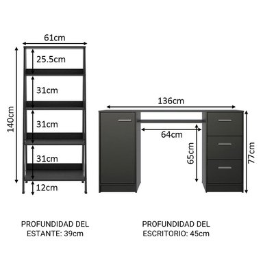 ESCRITORIO DE OFICINA ALASKA + MUEBLE ESTANTE LIBRERO - NEGRO - 2