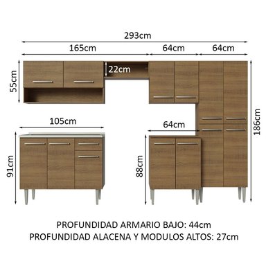 MUEBLE DE COCINA INTEGRAL EMILLY 293 CM CON LAVADERO 09 - MARRÓN - 4