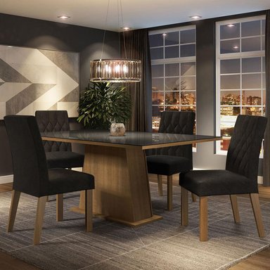 JUEGO DE COMEDOR ARYELI CON 4 SILLAS OXFORD - TABLERO DE MADERA Y CRISTAL - MARRÓN/NEGRO/OXFORD - 2